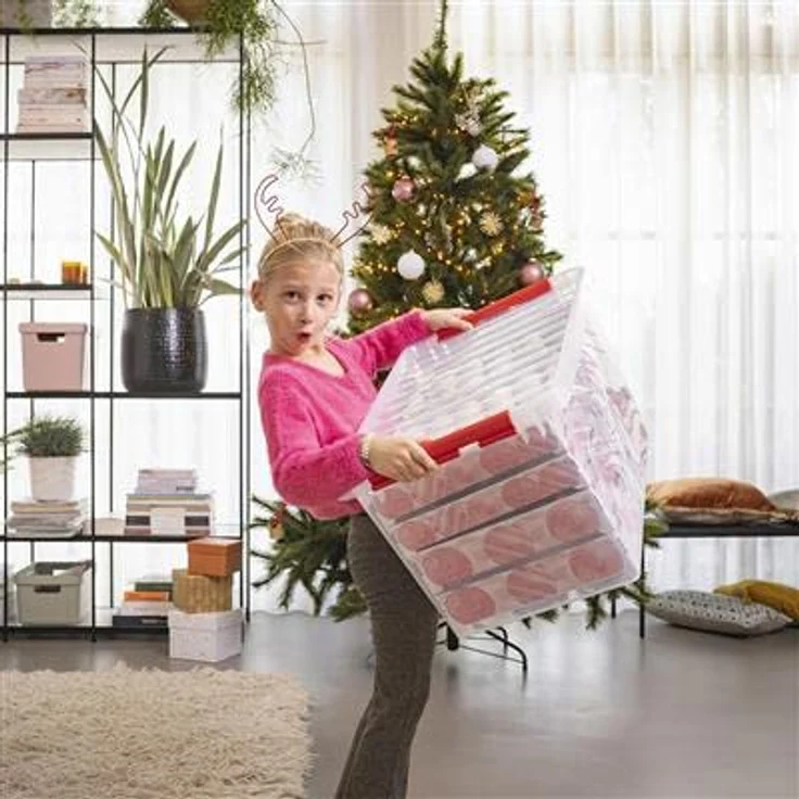 Sunware Q-Reihe Weihnachtsdekobox mit Ablagen für 116 Kugeln, transparent/rot, 62 l Fassungsvermögen, 60 x 40 x 34 cm – Bild 2