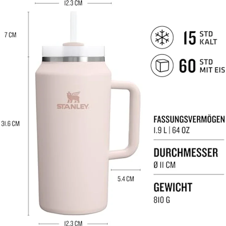 STANLEY 1913 Quencher H2.0 FlowState Trinkflasche 1.9L, BPA-frei, Thermobecher mit Strohhalm, Kühlt 15 Stunden, eisgekühlt 60 Stunden, spülmaschinenfest, Rose Quartz – Bild 2