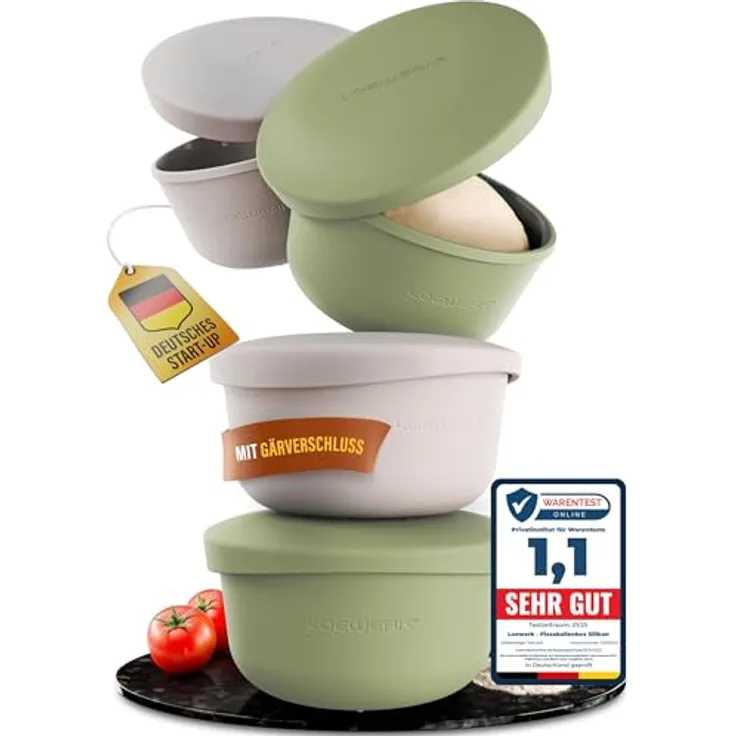 LOEWERK Pizzaballenbox mit Deckel, 4er Set – atmungsaktive Silikon Teigbox für 350g Pizzateig, platzsparend, Olive/Grau