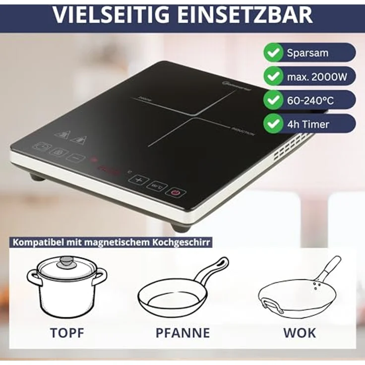 Sommertal Induktionskochfeld 1 Platte 2000W, super slim Design, Touch-Bedienung, Sicherheitsautomatik – Bild 7
