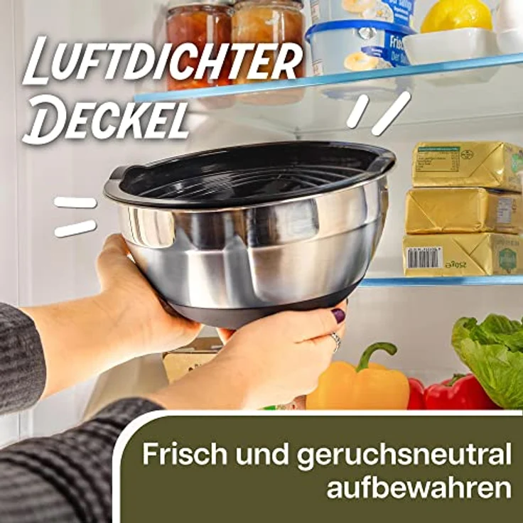 Praknu 3 Edelstahl Schüssel Mit Deckel Set - Rutschfeste Rührschüssel Groß - Luftdicht - Mit Messskala - Platzsparend - Ideal zum Mischen – Bild 4