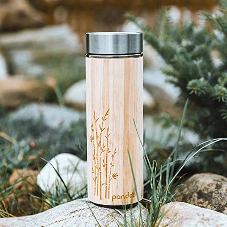 pandoo Bambus Thermobecher - doppelwandige Thermoflasche, Reisebecher, Teebereiter, Teeflasche, Trinkflasche mit Edelstahl Teesieb- BPA-frei - Tea to-go – Bild 5