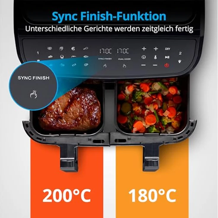 MEDION P20 XXL Heißluftfritteuse mit 2 Kammern (8,7 Liter, 2.600 Watt, Doppelkammer, 9 Automatikprogramme, 2 Schubladen, Sichtfenster, Dualer Airfryer, Dual Cook & Sync-Finish Funktion) – Bild 3