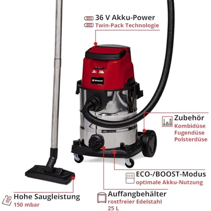 Einhell Nass-Trocken-Sauger TE-VC 36/25 Li S-Solo, 108 W, kabellos, Edelstahlbehälter, ohne Akku – Bild 4