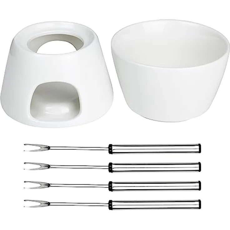 Haushalt International HI Schokoladen-Fondue-Set, Schoko- und Käsefondue mit 4 Edelstahl-Gabeln, elegante weiße Farbe – Bild 3