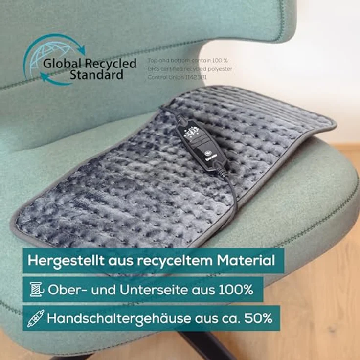Beurer HK 123 Cosy Grey Green Planet Heizkissen, Ober- und Unterseite aus kuscheligem recyceltem Material, mit 6 Temperaturstufen und Abschaltautomatik, maschinenwaschbar, grau, XXL-Format 60 x 30 cm – Bild 2