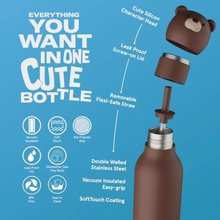 ASOBU Bestie Kindertrinkflasche mit Strohhalm, isolierte Edelstahlflasche 420ml mit braunem Bärenkopf, auslaufsicher & BPA-frei – Bild 3