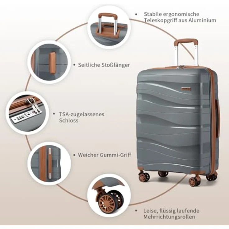 KONO 65 cm Mittelgroß Koffer, leichter Reisekoffer aus 100% Polypropylen mit 4 Rollen, TSA Schloss, grau-braun – Bild 3