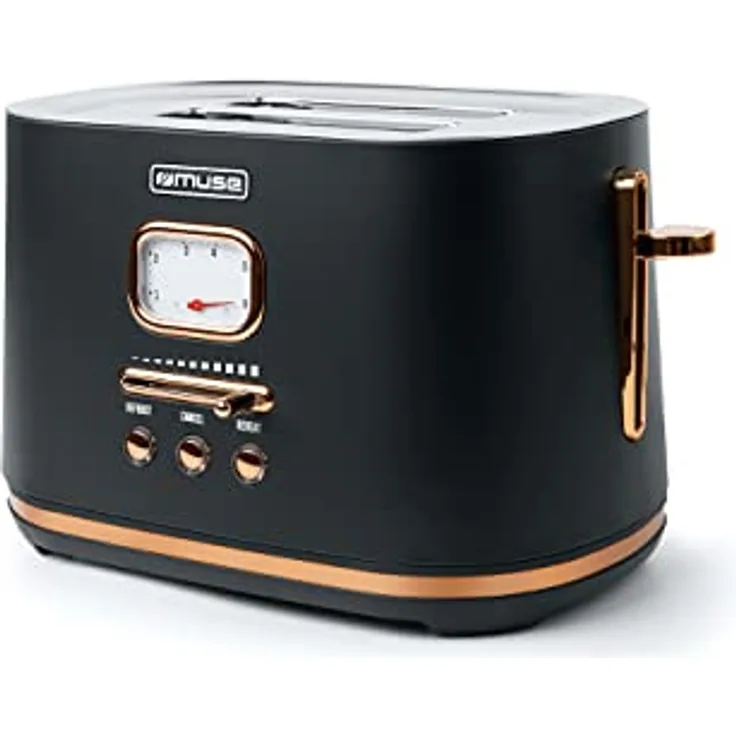 Muse Edelstahl-toaster im schwarzen retro Design, analoge Anzeige, beleuchtete Tasten, 6 Bräungsstufen, 2 Scheiben, MS-130 BC, Vintage Look, mit Krümelschublade