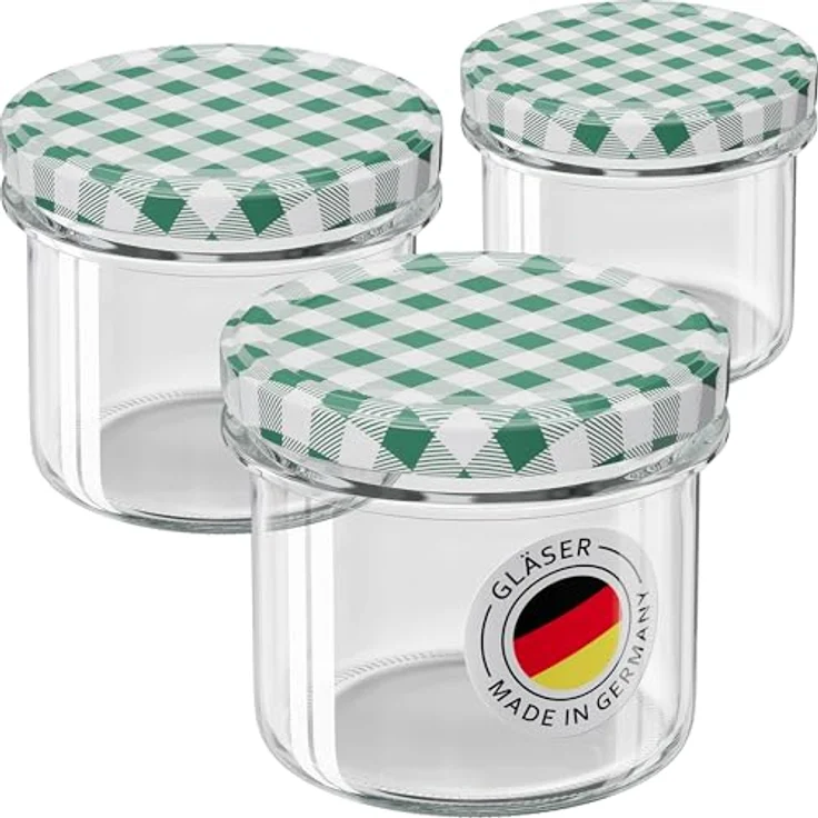WELLGRO 6x Einmachgläser mit Schraubdeckel, 235ml, Deckel To 82 grün kariert, Made in Germany, Vorratsgläser, Gärglas, Dessertgläser – Bild 1