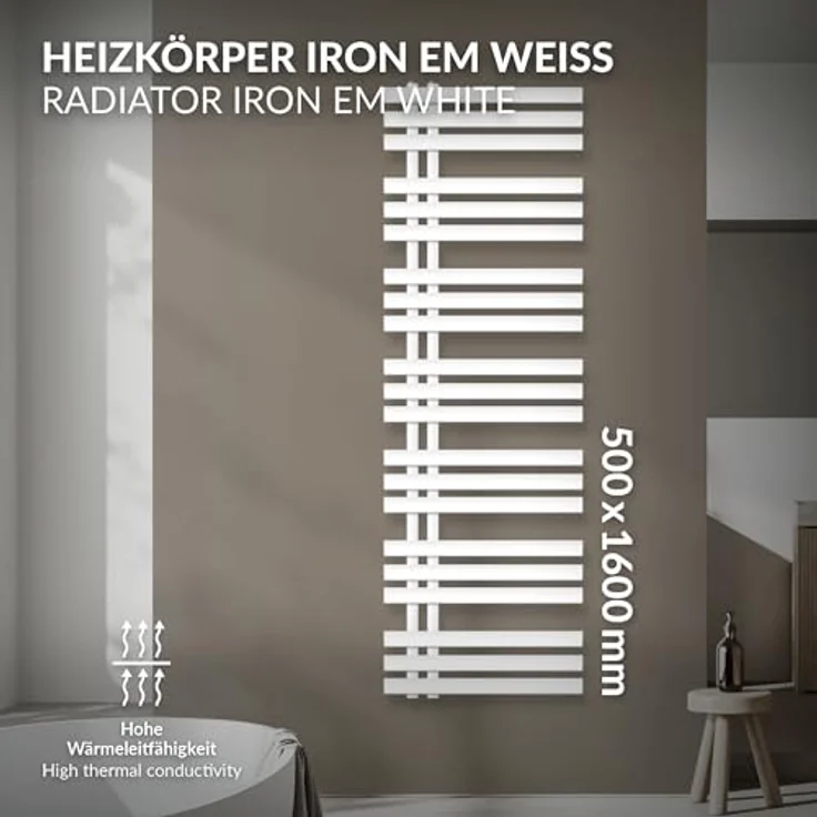 ECD Germany Iron EM Design Badheizkörper - 500 x 1600 mm - Weiß - Paneelheizkörper mit Handtuchwärmer-Funktion und klassischem Design – Bild 2