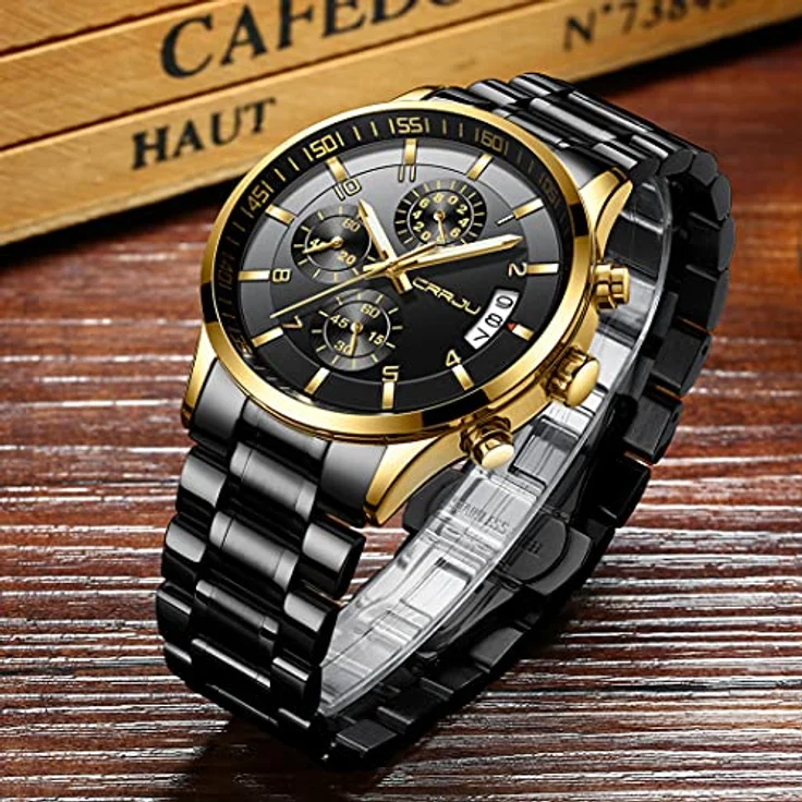 CRRJU Herren Armbanduhr Chronograph mit wasserdichtem Edelstahlarmband, analoges Quarzwerk, automatischer Kalender, Schwarz-Gold – Bild 5