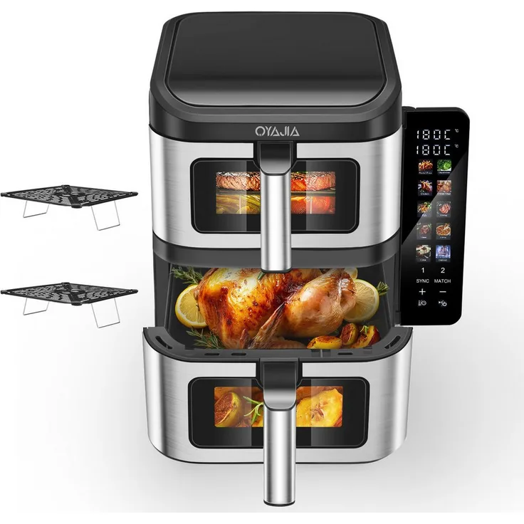 oyajia Heißluftfritteuse DUAL ZONE, 11 Liter, 2800 W, 2 Körbe, 10 Kochfunktionen, mit Sichtfenster und Beleuchtung