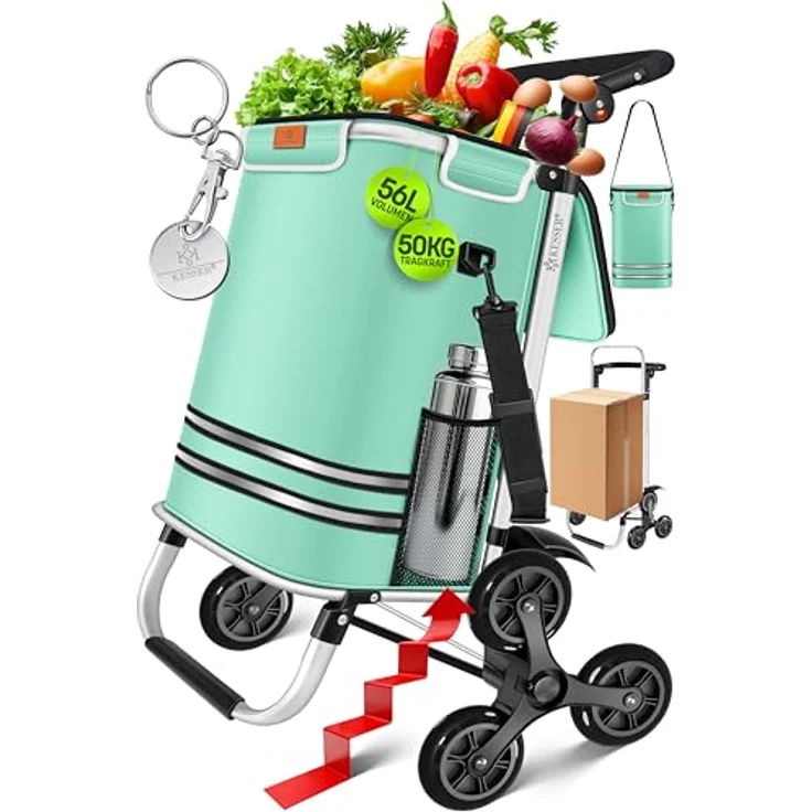 KESSER® Einkaufstrolley Treppensteiger mit Kühlfach, klappbar, 56L Kapazität, belastbar bis 50kg, 3in1 Trolley Sackkarre & Umhängetasche, Mintgrün – Bild 1