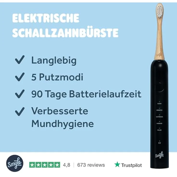 Smyle Schallzahnbürste mit Sensor – 3 Monate Akkulaufzeit, 5 Putzmodi, wasserdicht und intelligente Timer-Funktion (Schwarz) – Elektrische Zahnbürste mit lebenslanger Garantie – Bild 2