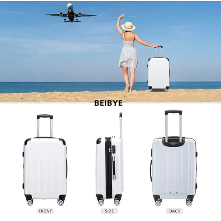 BEIBYE 3er Kofferset Hartschalen-Koffer, Trolley Rollkoffer Set in Weiss, erweiterbar mit 25% mehr Volumen, mit vier Zwillingsrollen und Innenorganisation – Bild 2
