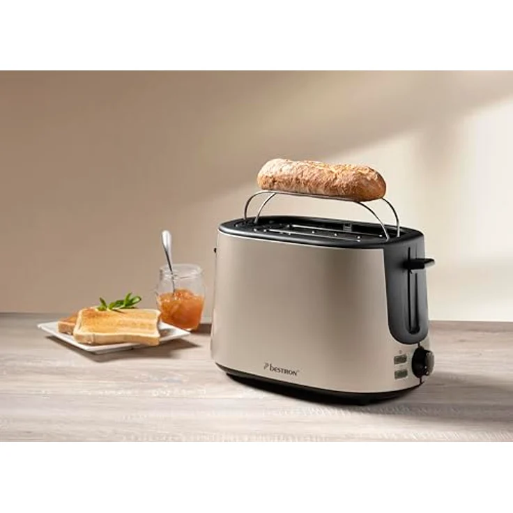 Bestron ATS1000SAT, Toaster für 2 Scheiben mit 2 Röstkammern, 7 Bräunungsstufen, Krümelschublade & Brötchenaufsatz, 1000 Watt, Farbe: Hellbeige – Bild 2