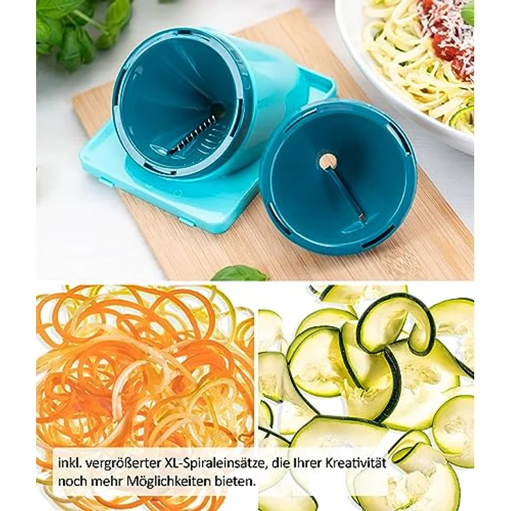 Nicer Dicer Chef Professional Gemüsescheider 23-tlg. Gemüsehobel manuell mit 5.2L großem Auffangbehälter Frischhaltedeckel, Spiraleinsätze, Tomatenschneider, Julienne, Salatschneider mit Rezeptbuch – Bild 4
