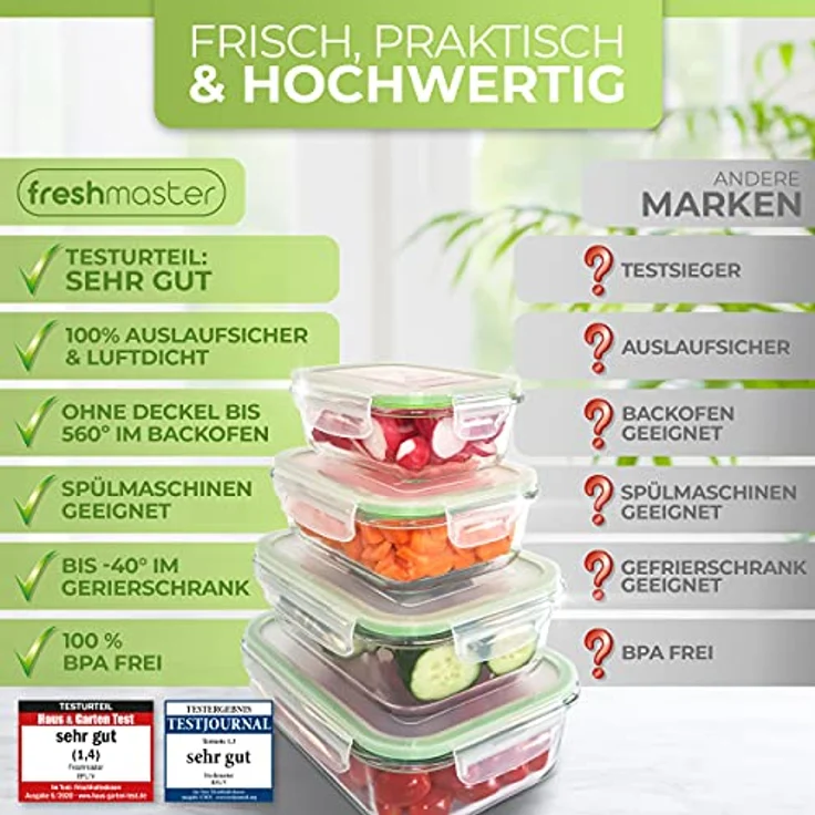 Fresh Master Frischhaltedose Glas Set - 100% auslaufsichere + luftdichte Vorratsdosen - BPA frei - Spülmaschinenfest - Mikrowellen, Backofen, Gefrierschrank geeignet - 16 teilig – Bild 3