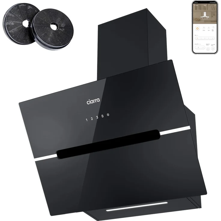 CIARRA VM6736FB Dunstabzugshaube, 60 cm, 650 m³/h, A+++, kopffrei, WIFI-App, Touch Control, Wandmontage, schwarz