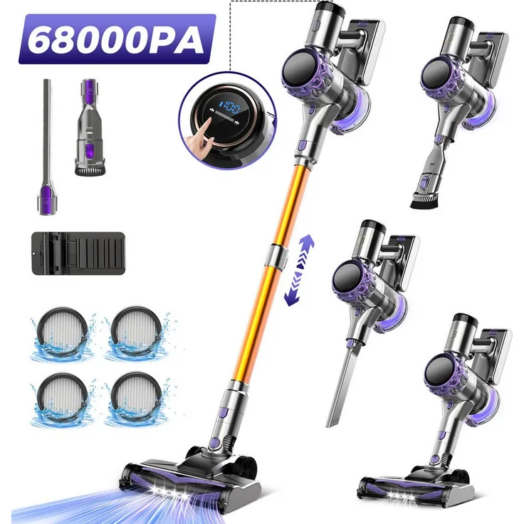 VacniQ S3P Akku-Hand- und Stielstaubsauger, kabellos, 68KPa Saugkraft, 80 Min Akkulaufzeit, HEPA-Filter, 6-Schichten-Hochleistungsfilter-System, Teleskopdesign, 9 Zubehörteile