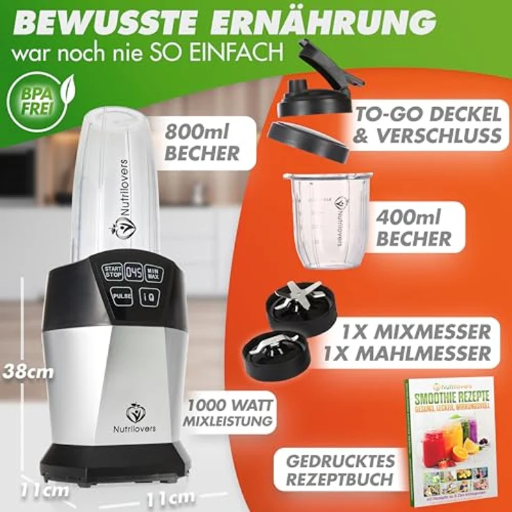 Nutrilovers NUTRI-BLENDER, 1000 Watt Mini-Mixer mit Auto-IQ, 800 ml BPA-freiem Tritan-Trinkbecher und Edelstahlmessern, Smoothiemaker to go – Bild 2