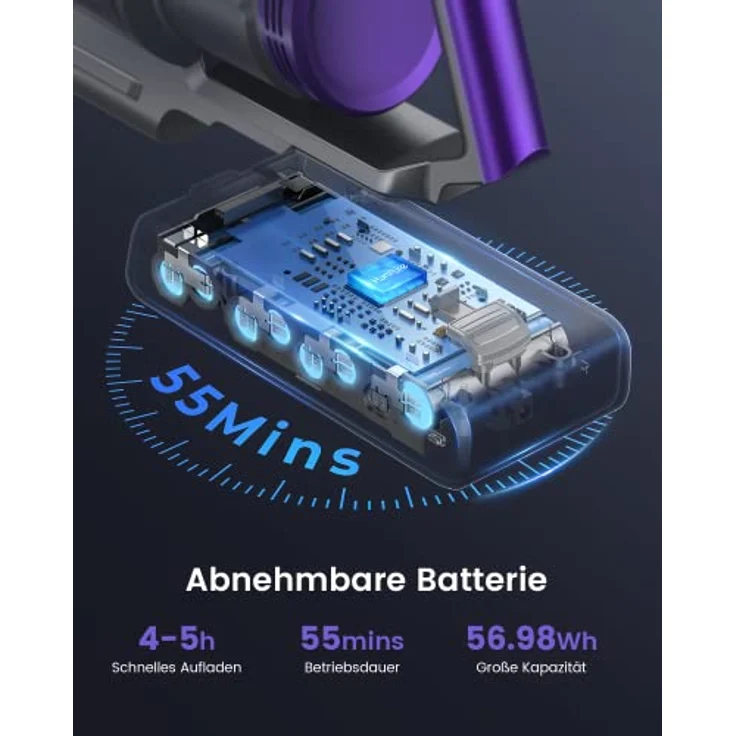HONITURE Akku Staubsauger Kabellos mit 33000PA Starker Saugleistung, Kabelloser Staubsauger Akku Bis zu 55 Minuten Laufzeit / 450W / für Hartböden und Teppiche, S12 – Bild 5
