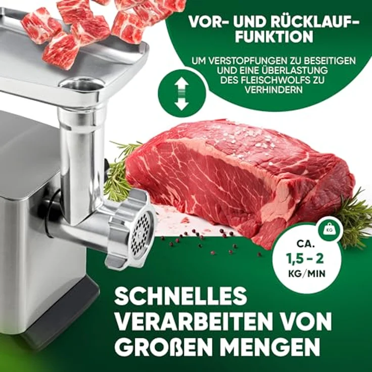 ProfiCook Fleischwolf PC-FW 1272, mit 3 Lochscheiben, Vor- und Rücklauffunktion, Edelstahlgehäuse – Bild 4