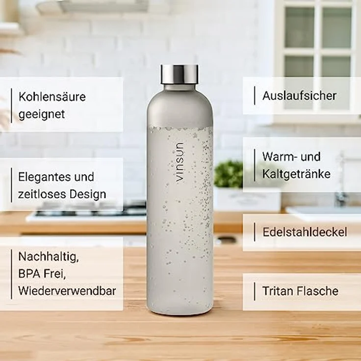 VINSUN Trinkflasche 650ml grau - wiederverwendbar, Kohlensäure geeignet, BPA frei, Tritan - Leichte Wasser Flasche für Sport, Outdoor, Schule, Uni, Fahrrad, Büro, Gym – Bild 2