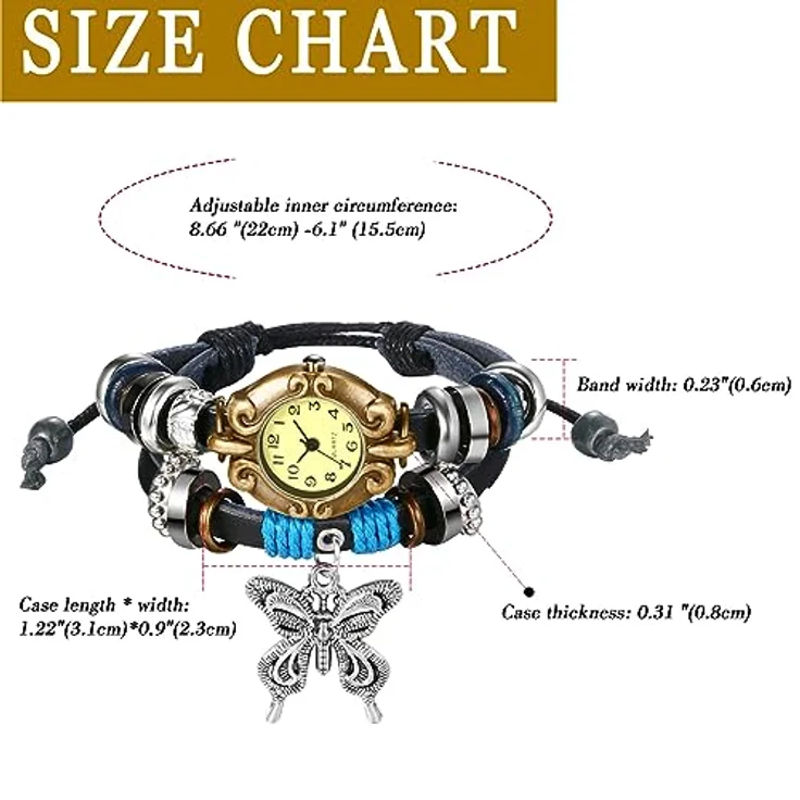 JewelryWe Vintage Schmetterling Analog Quarz Armbanduhr, Damen Uhr mit schwarzem Leder Wickelarmband und rundem Zifferblatt – Bild 5
