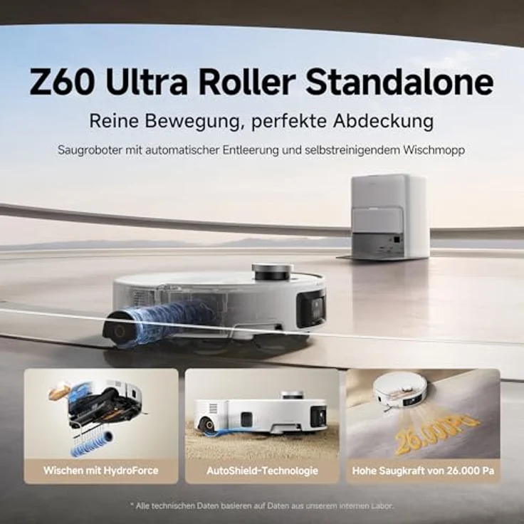 Mova Z60 Ultra Roller, Standalone Saugroboter mit 26.000 Pa Saugkraft, HydroForce-Wischen, MaxiReach-Technologie, FlexScope-Radar mit Hebefunktion, AutoShield-Technologie, dreifaches Anti-Tangle und All-in-One-Station – Bild 2