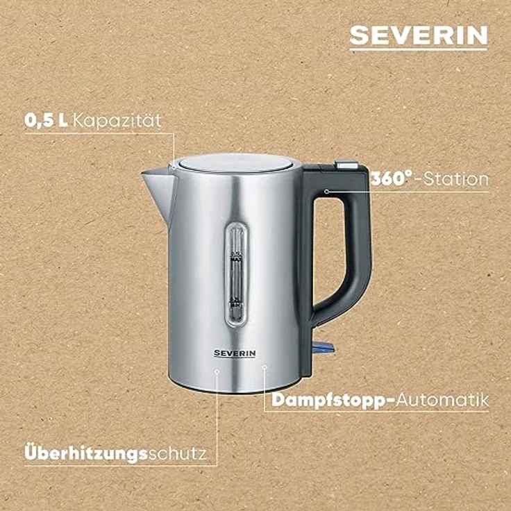 Severin WK 3647 Reise Wasserkocher, 1100W, 0,5l, mit 2 Kunststofftassen und 2 Löffeln, Edelstahl, silber – Bild 5