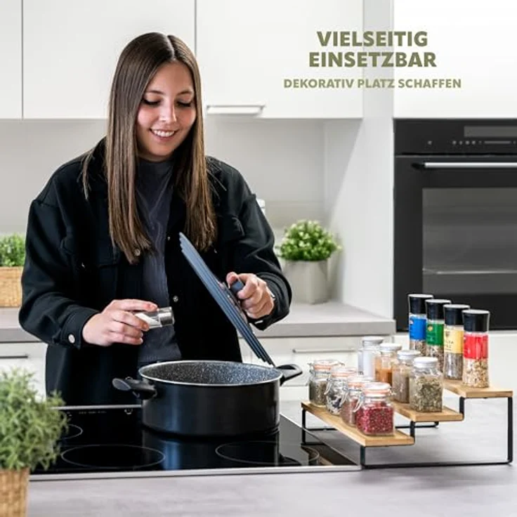 bremermann 3-stufige Gewürzregale 2er-Set, ausziehbare Küchenregale mit Bambusablageböden und Schutzpads am Boden, vielseitig einsetzbar - Modernes Bambusdesign (2er Set Schwarz) – Bild 2