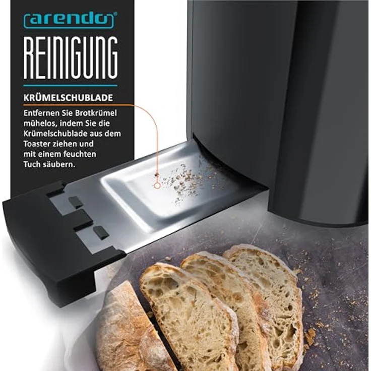 Arendo Frukost Edelstahl Toaster Langschlitz 4 Scheiben mit Defrost Funktion, wärmeisolierendem Gehäuse, integriertem Brötchenaufsatz, Krümelschublade und Display Restzeitanzeige in Klavierlack schwarz – Bild 5