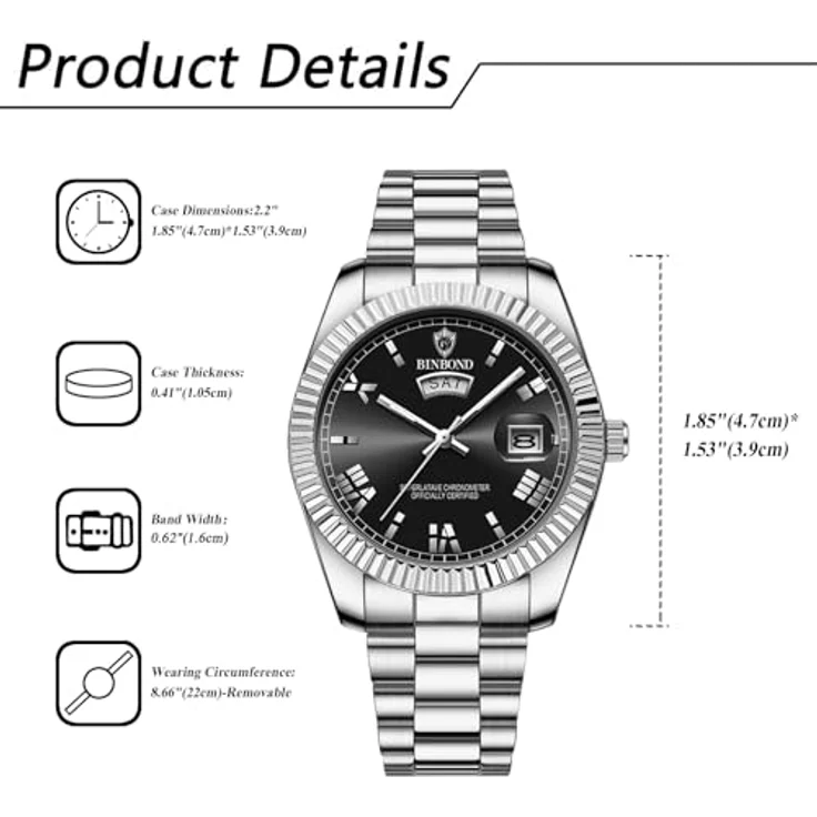 JewelryWe Herrenuhr Edelstahl, 30m wasserdicht, Analog Quarz, Woche & Datum, Leuchtzeiger, schwarzes Zifferblatt mit römischen Ziffern – Bild 3
