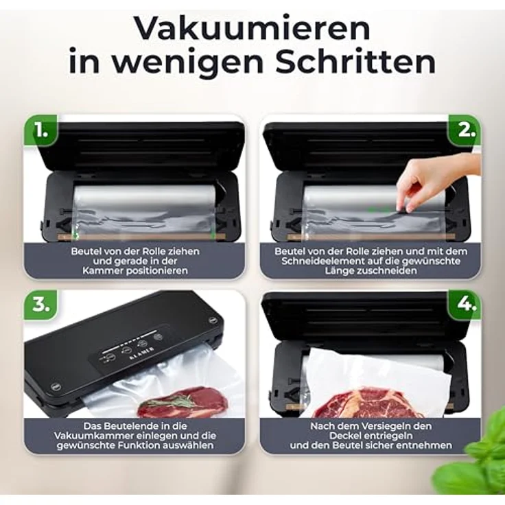 KLAMER Vakuumierer Classic Pro 80 - Vakuumierer für trockene oder feuchte Lebensmittel, 110W, Temp.-Überwachung, Cutter, Rollenfach, 0,8 bar starke Pumpe – Bild 4