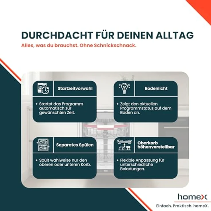 homeX DWFI601444C Geschirrspüler 60 cm, vollintegrierbar mit 14 Maßgedecken, 8 Programmen, AquaStop und Bodenlicht – Bild 9