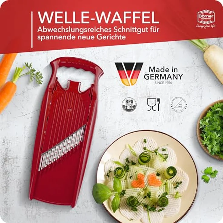 Börner Gemüseschneider Welle-Waffel PowerLine, Gitterkartoffel-Schneider mit 3 Schnittstärken, integriertem Kindersicherung, ergonomischem Griff und mikrofein-geschliffenen Edelstahlmessern, BPA-frei – Bild 4