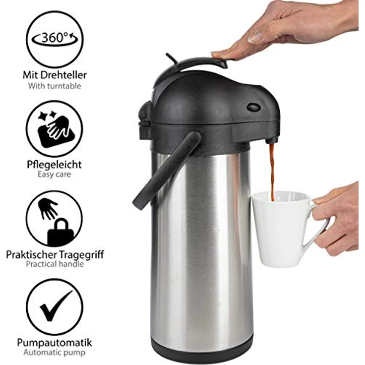 ONVAYA Airpot Pumpkanne 3 Liter Isolierkanne Thermoskanne Getränkespender Edelstahl mattiert Kaffeekanne Doppelwandig – Bild 3