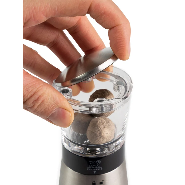 Peugeot Muskatmühle Daman mit Vorratsbehälter für 3 Nüsse, manuelle Gewürzmühle für feines Mahlen, Muskatnuss Mühle im modernen Design, Edelstahl & Acryl, 15 cm – Bild 2