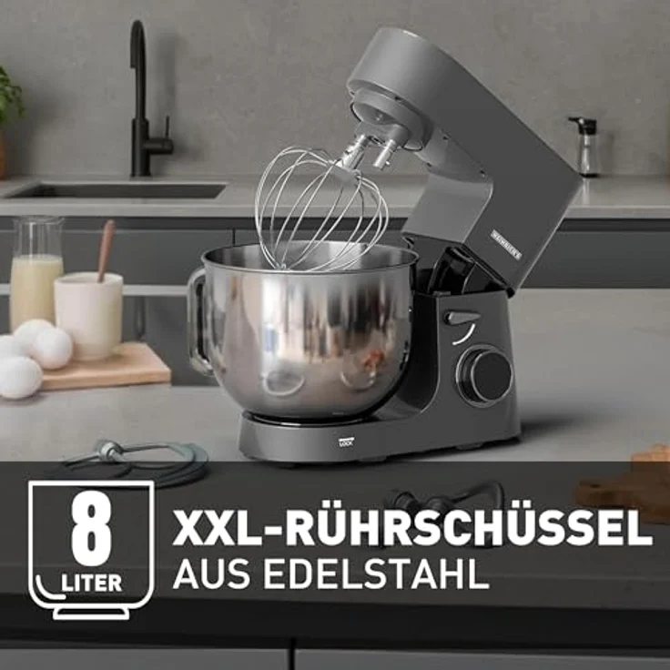 Heinrichs Küchenmaschine 2500W, Knetmaschine mit XXL 8L Edelstahlschüssel, Doppel-Knethaken, Rührhaken, Schneebesen, 8 Geschwindigkeiten, geräuscharm, Titan – Bild 3
