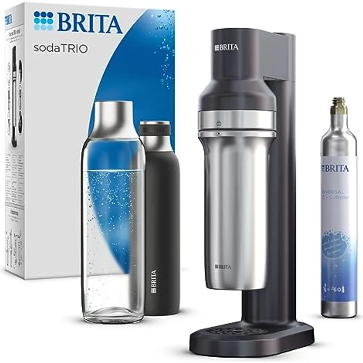 BRITA Wassersprudler sodaTRIO (schwarz) inkl. 1x Glasflasche (1l), 1x isolierte Edelstahlflasche schwarz (0,65l) & 1x BRITA CO2-Zylinder / macht aus Leitungswasser prickelndes Sprudelwasser zu Hause - Preisvergleich – Bild 1