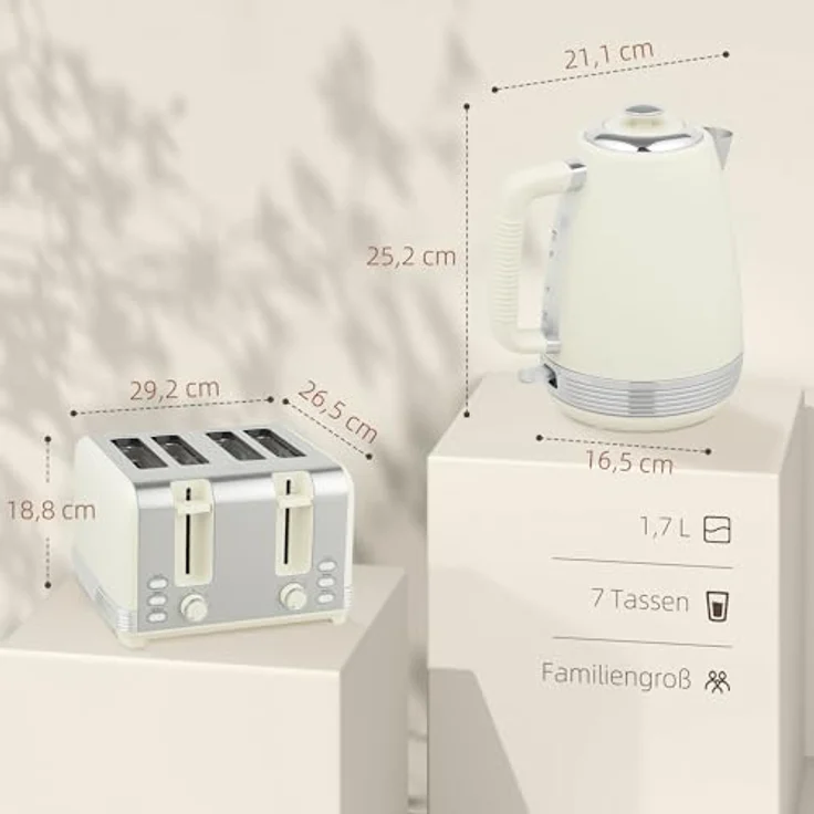 HOMCOM Kocher-Toaster-Set 1.7 L, 2200 W, 4-Scheiben-Toaster mit 7 Bräunungsstufen, Strix Thermostat, Cremeweiß – Bild 7
