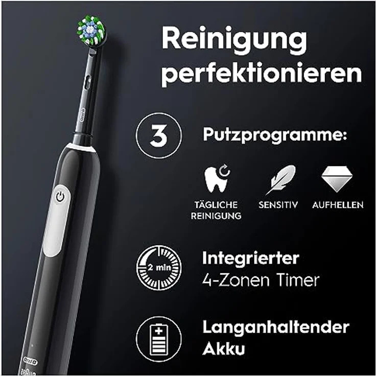Oral-B Pro 1 Cross Action Elektrische Zahnbürste/Electric Toothbrush für Zahnreinigung, 3 Putzmodi inkl. Sensitive Zahnpflege, Drucksensor & Timer, Reiseetui, Designed by Braun, schwarz – Bild 4