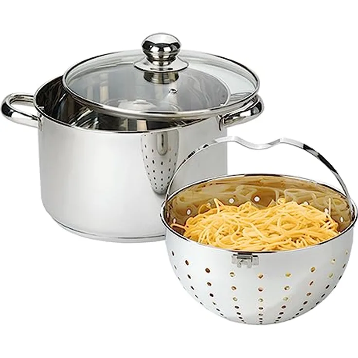Beyond Nudeltopf 24 cm, Edelstahl Kochtopf mit Glasdeckel und herausnehmbarem Siebeinsatz, Pastatopf für Induktion und alle Herdarten geeignet, auch zum Braten und Suppen zubereiten verwendbar