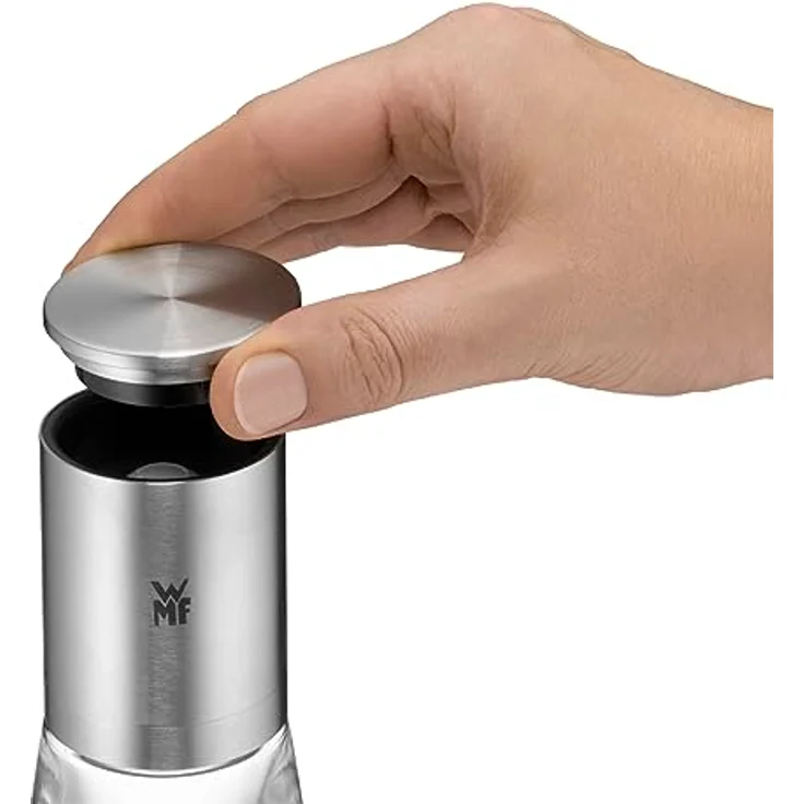 WMF De Luxe Salz und Pfeffermühle-Set 2-teilig, befüllt, Keramikmahlwerk, Edelstahl Cromargan, Glas, Gewürzmühle für Salz, Pfeffer, Chillischoten, getrocknete Kräuter, H 14 cm, Ø 6 cm, schwarz weiß – Bild 4