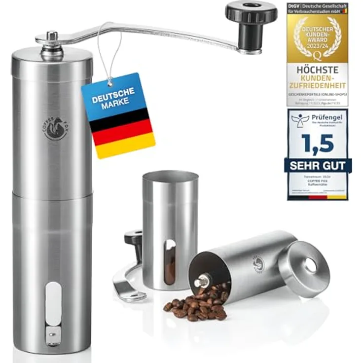 Coffee Fox® Handkaffeemühle, Edelstahl mit Keramik Mahlwerk, stufenlos einstellbar für frischen Kaffeegenuss, ideal für Zuhause und Reisen