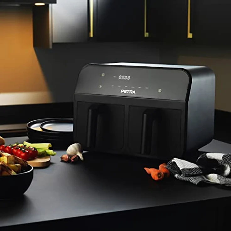 Petra PT4750BLKVDE Heißluft-Fritteuse, XXL 7,4L, 2400W Fritteuse mit 2 herausnehmbaren Frittierkörben mit Antihaftbeschichtung, 6 Kochfunktionen mit Sync & Match, 3,7 l pro Schublade, Schwarz – Bild 4