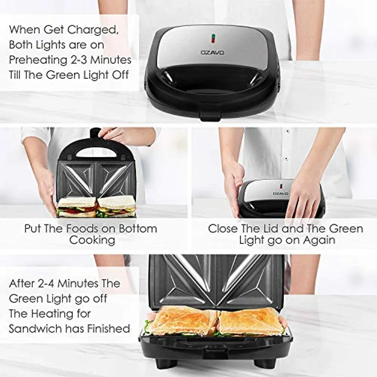 OZAVO Sandwichmaker 3 in 1, Waffeln, Paninitoaster, 3 abnehmbare Grillplatten, Tisch-Grill für Toast, Waffeln, Fleisch, Schwarz, 750W – Bild 3