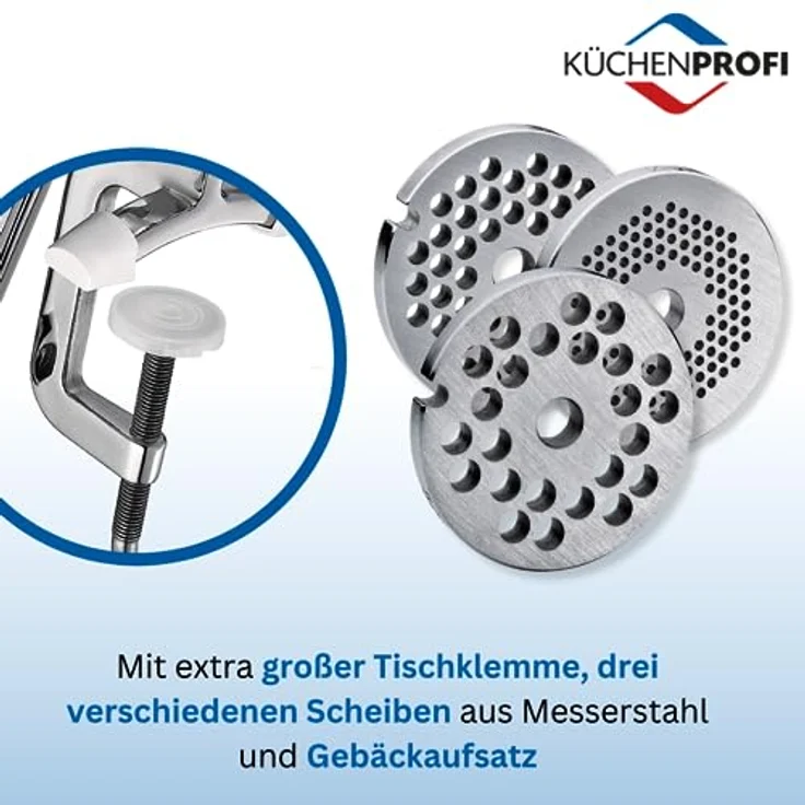 Küchenprofi SOLIDO Edelstahl Fleischwolf manuell, inkl. 3 Lochscheiben u. Spritzgebäckvorsatz, zum Zerkleinern von Fleisch, als Gebäckpresse für Spritzgebäck u.m., ​mit extra großer Tischklemme – Bild 5